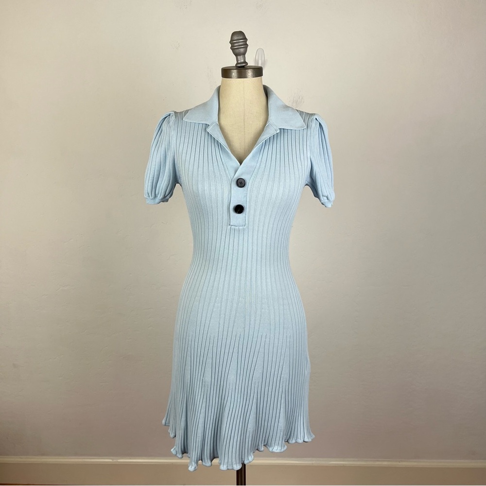 Self Portrait Blue Ribbed Short Sleeve Dress